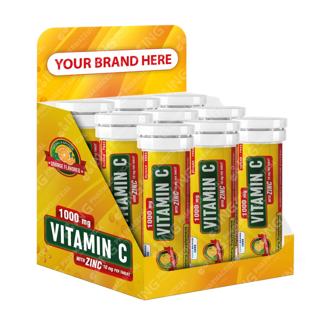 Vitamin C 1000 + Zinc 10mg Effervescent Tablets Private Label (SUGAR- FREE) | Vitamin C 1,000mg + Zinc 10mg - Orange Flavor - Immune Support | Private Label Fizzy Tablets Manufacturer