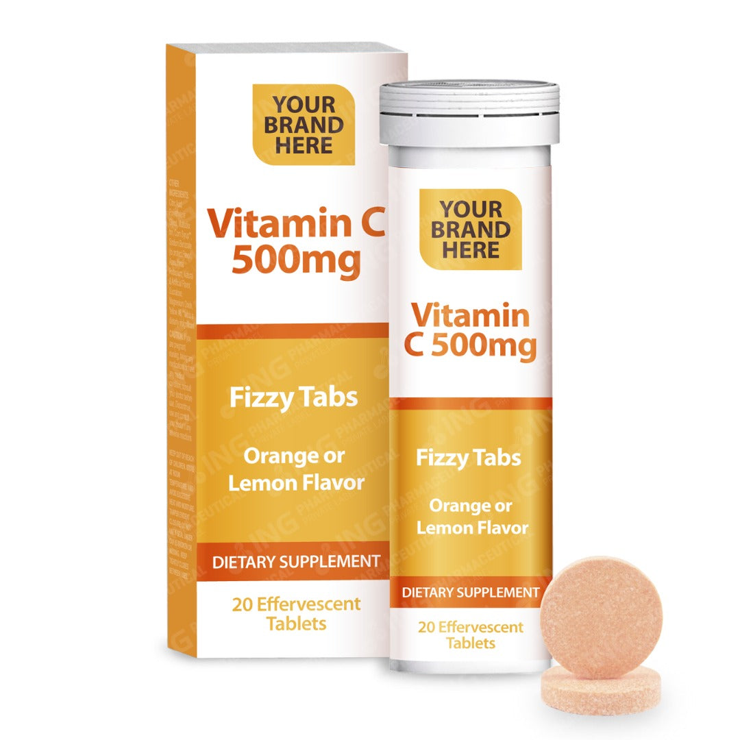 Vitamin C 500mg Effervescent Tablets Private Label | Vit C 500mg - Lemon or Orange Flavor - Immune Support | Private Label Fizzy Tablets Manufacturer