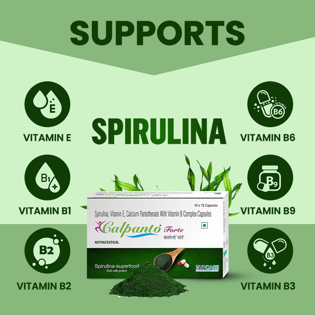 Calpanto Forte Capsules | Multivitamin & Antioxidant Support | Spirulina, Vitamin E & B-Complex for Energy, Immunity & Healthy Skin - 10x10 Capsules