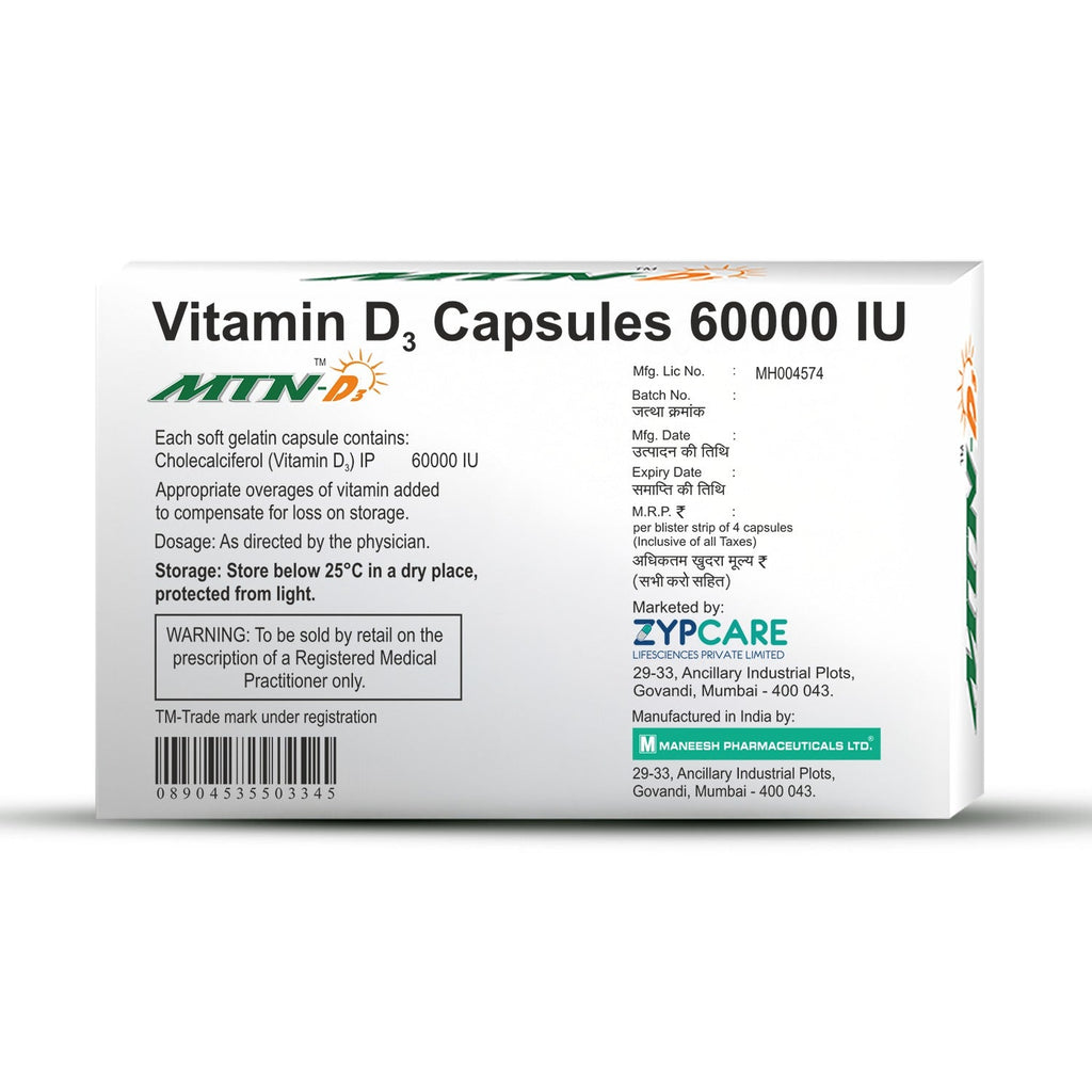 MTN D3 Vitamin D3 Supplements | Bones & Immune Health | Supplements for Women & Men | 4 Softgel Capsules {60,000 IU}
