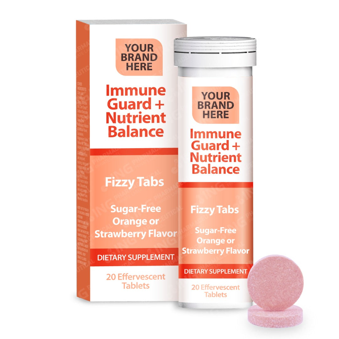 Immune Guard + Nutrient Balance Effervescent Tablets Private Label (SUGAR- FREE) | Vitamin C + A + E + B2 + Minerals + Proprietary Herbal Blend + Amino Acid Blend - Orange or Strawberry Flavor - Immune Support | Private Label Fizzy Tablets Manufacturer