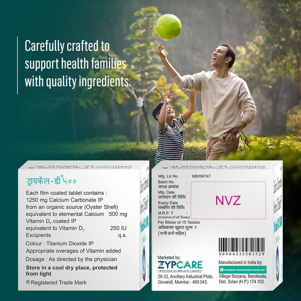 Calcium & Vitamin D3 | Kids, Adults & Elderly | 500mg Calcium & 250IU Vitamin D3 | Trical D 500 15 Tablets * 4 Strips