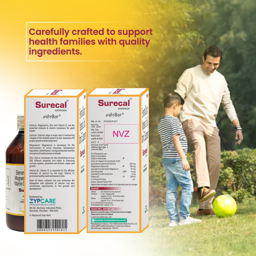Calcium + Vit D3 + Magnesium + Zinc Supplement Syrup | Adults + Kids | Bones, Teeth, Muscles, Immunity | Mango Flavour | 200ml * 2 Packs