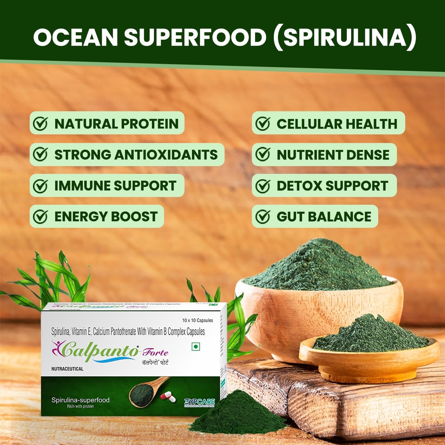 Calpanto Forte 10x10 Capsules | Multivitamin & Antioxidant Support | Spirulina, Vitamin E & B-Complex for Energy, Immunity & Healthy Skin