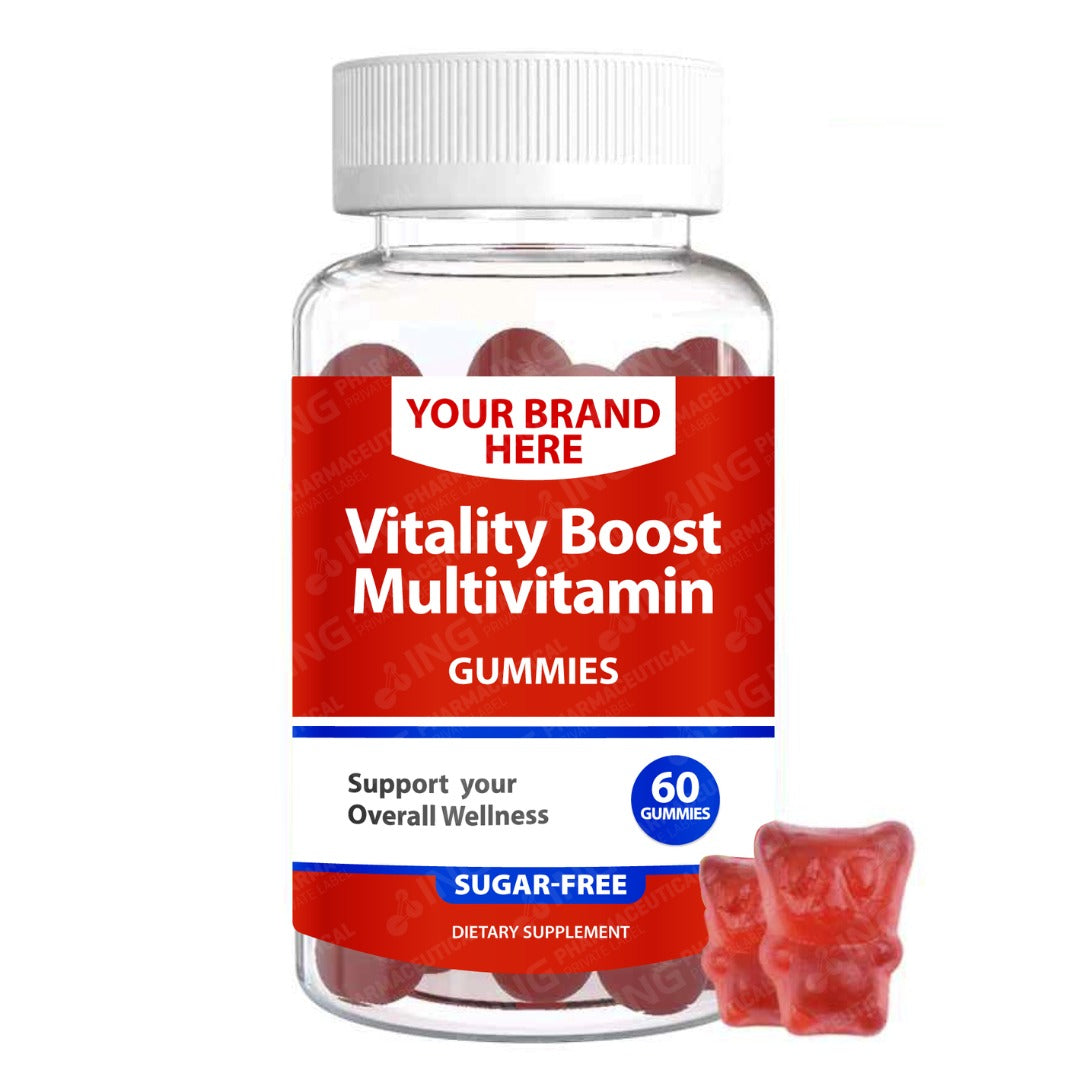 Vitality Boost Multivitamin SUGAR-FREE Gummies Private Label (PECTIN) | Vitamin A, Vitamin D2, Biotin, Vitamin B6, Vitamin B12, Vitamin C, and more | Private Label Gummy Manufacturer
