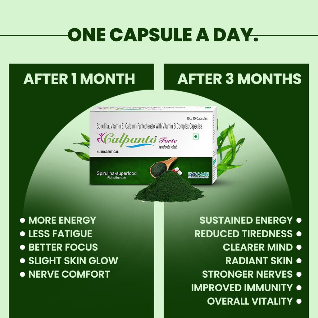 Calpanto Forte 10x10 Capsules | Multivitamin & Antioxidant Support | Spirulina, Vitamin E & B-Complex for Energy, Immunity & Healthy Skin