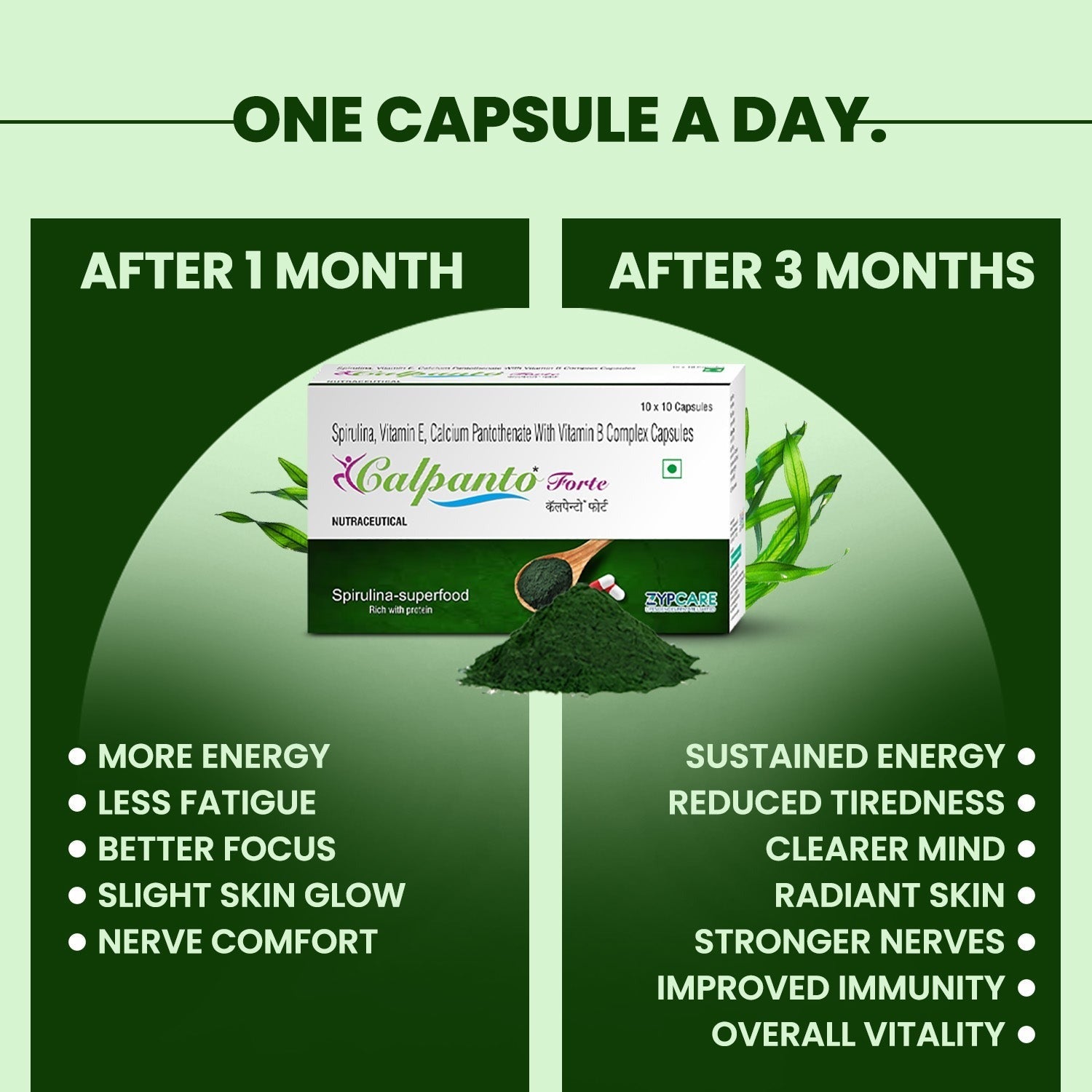 Calpanto Forte 10x10 Capsules | Multivitamin & Antioxidant Support | Spirulina, Vitamin E & B-Complex for Energy, Immunity & Healthy Skin