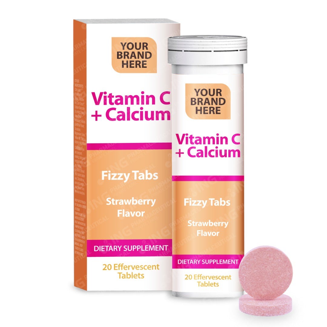 Vitamin C + Calcium Effervescent Tablets Private Label | Vitamin C 1,000mg + Calcium 240mg - Strawberry Flavor | Private Label Fizzy Tablets Manufacturer