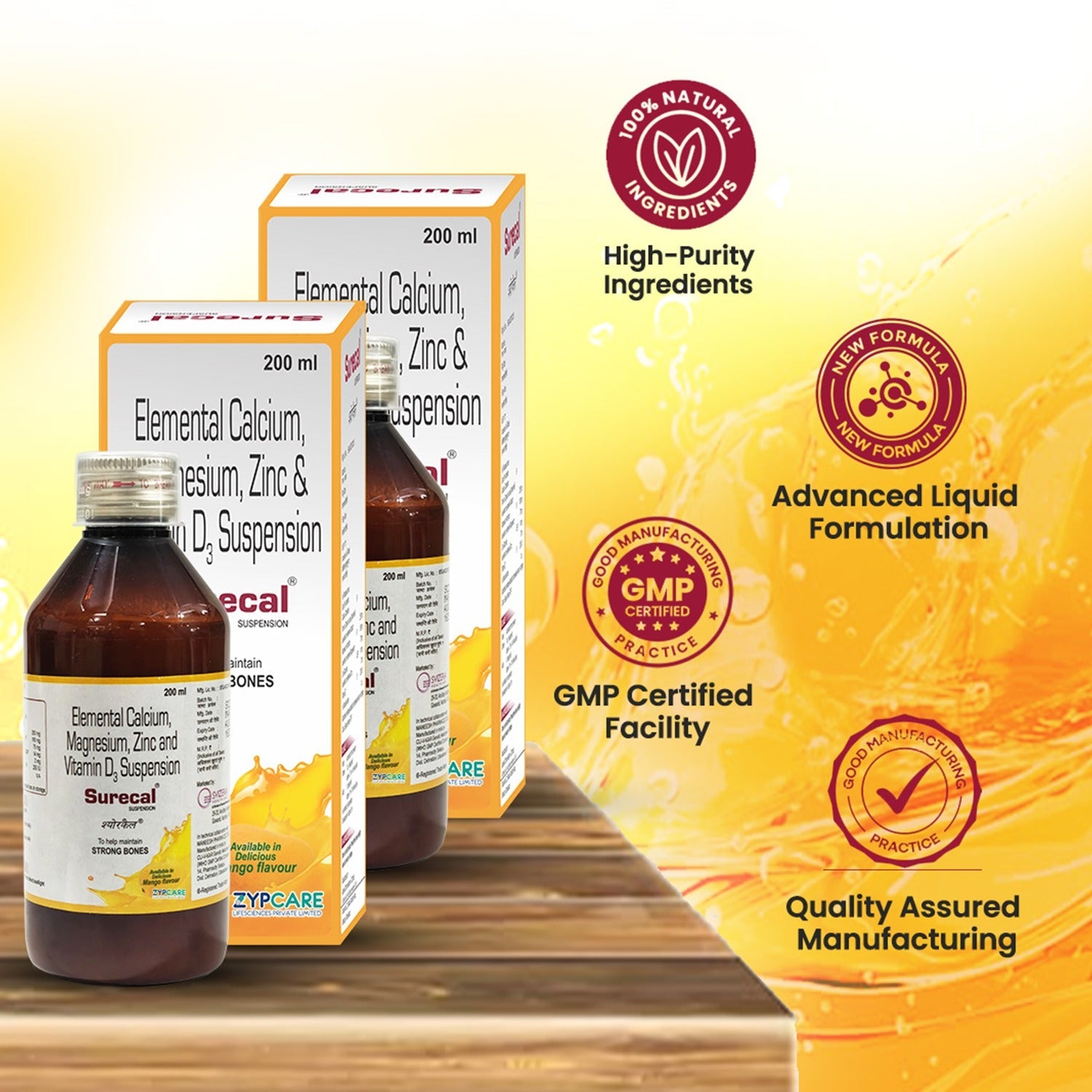Calcium + Vit D3 + Magnesium + Zinc Supplement Syrup | Adults + Kids | Bones, Teeth, Muscles, Immunity | Mango Flavour | 200ml * 2 Packs