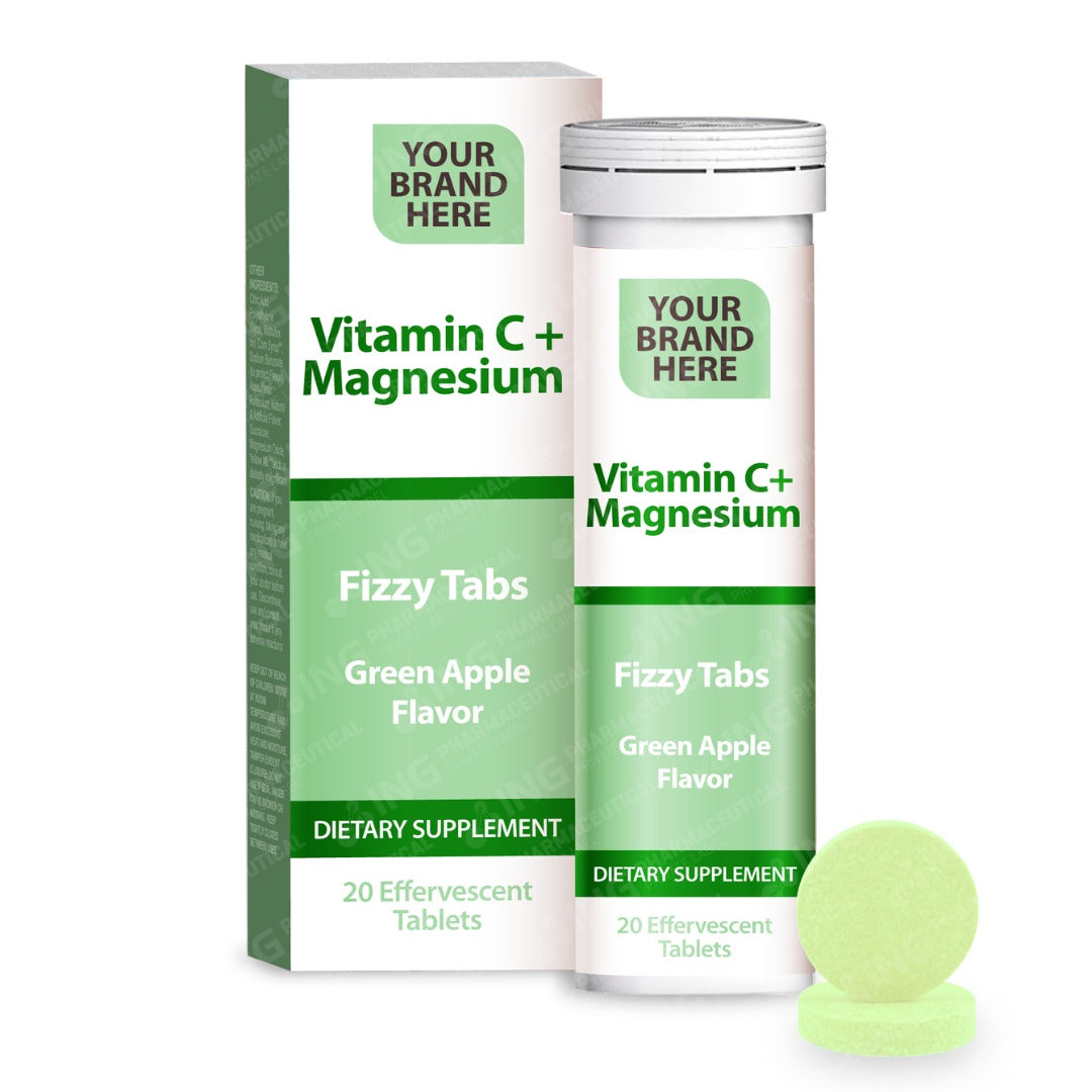 Vitamin C + Magnesium Effervescent Tablets Private Label | Vitamin C 1,000mg + Magnesium 130mg - Green Apple Flavor | Private Label Fizzy Tablets Manufacturer