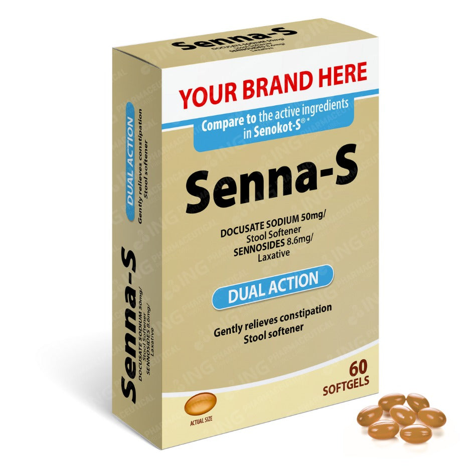 NATURAL LAXATIVE DUAL ACTION - Docusate sodium 50mg + Sennosides 8.6mg Softgels - Compare to Senokot-S® - OTC Own Brand Private Label