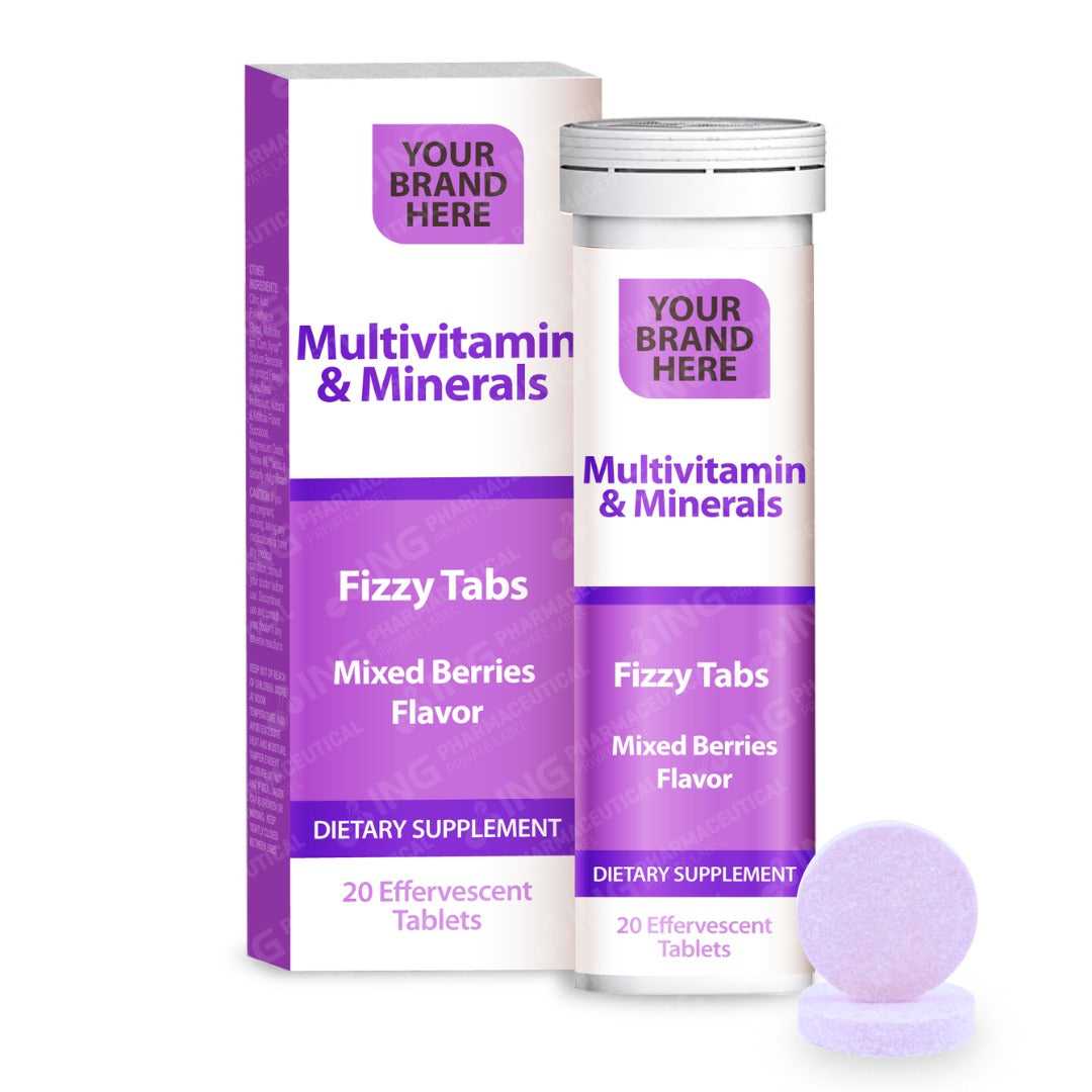 Multivitamin & Minerals Effervescent Tablets Private Label | Vitamin C + Vitamin A + B-Complex - Zinc + Calcium + Iron - Mixed Berries Flavor | Private Label Fizzy Tablets Manufacturer
