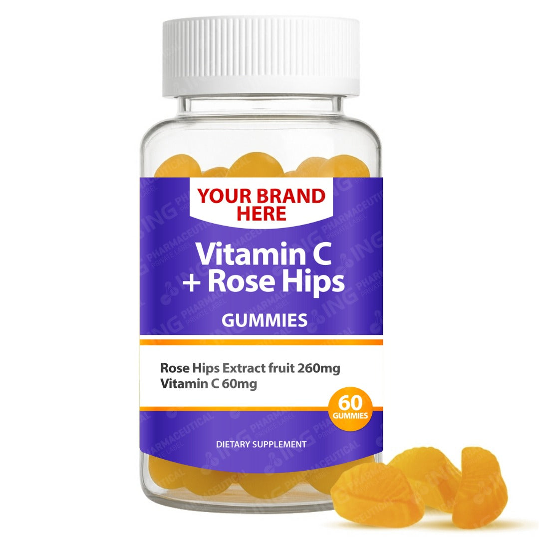 Vitamin C + Rose Hips Gummies Private Label (PECTIN) | Vit C 60mg + Rose Hips Extract Gummies | Private Label Gummy Manufacturer | LOW MOQ FORMULA