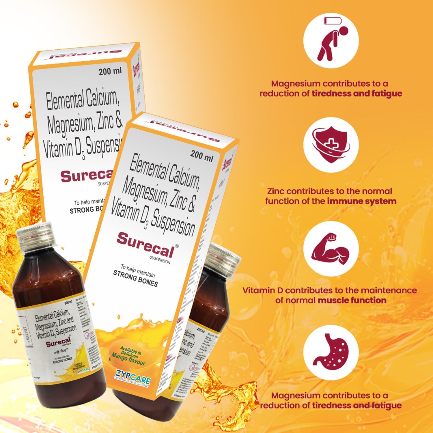 Calcium + Vit D3 + Magnesium + Zinc Supplement Syrup | Adults + Kids | Bones, Teeth, Muscles, Immunity | Mango Flavour | 200ml * 2 Packs