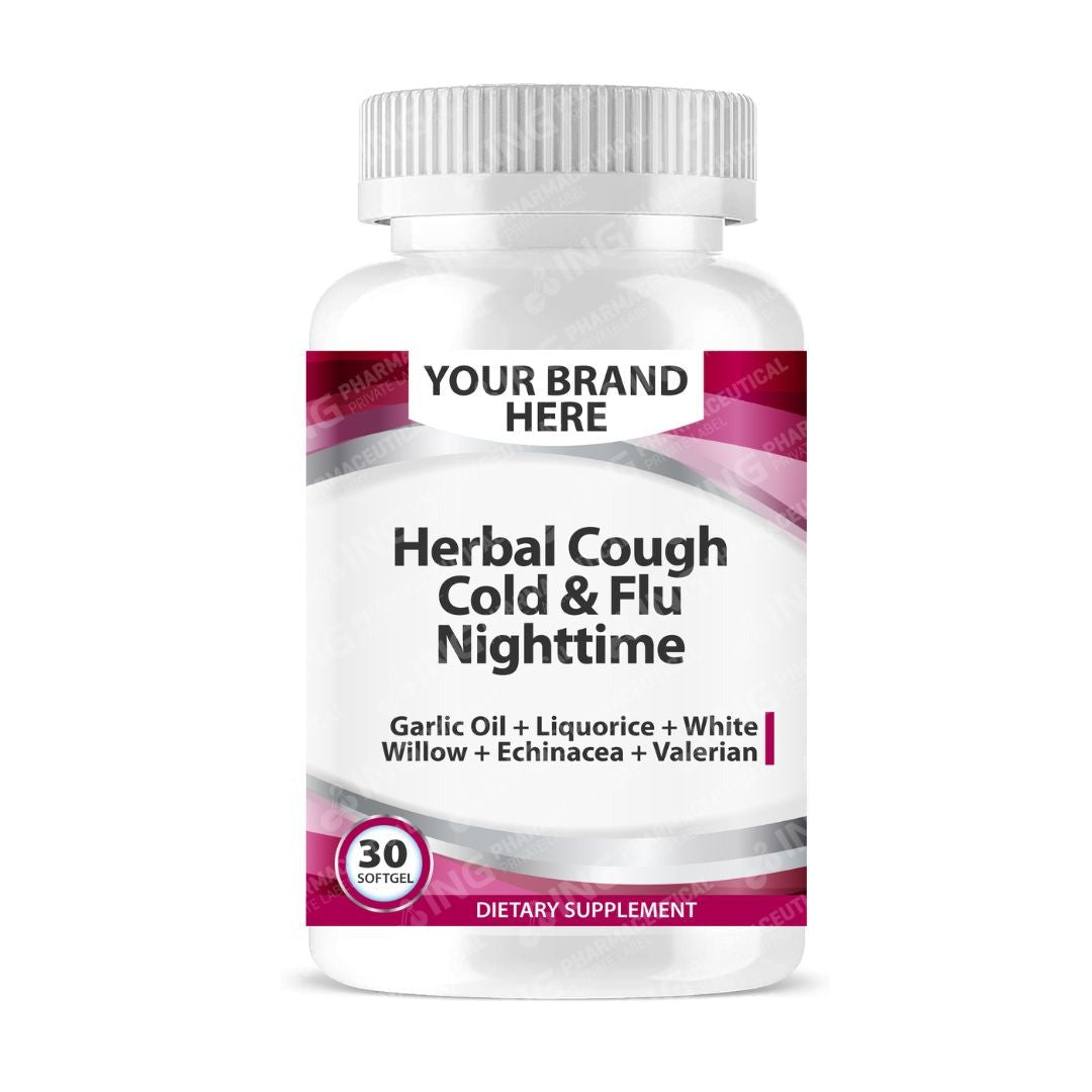 Herbal Cough Cold & Flu NIGHTTIME Softgels White Label | Garlic Oil + Liquorice + White Willow + Echinacea + Valerian - Private Label Softgels Manufacturer