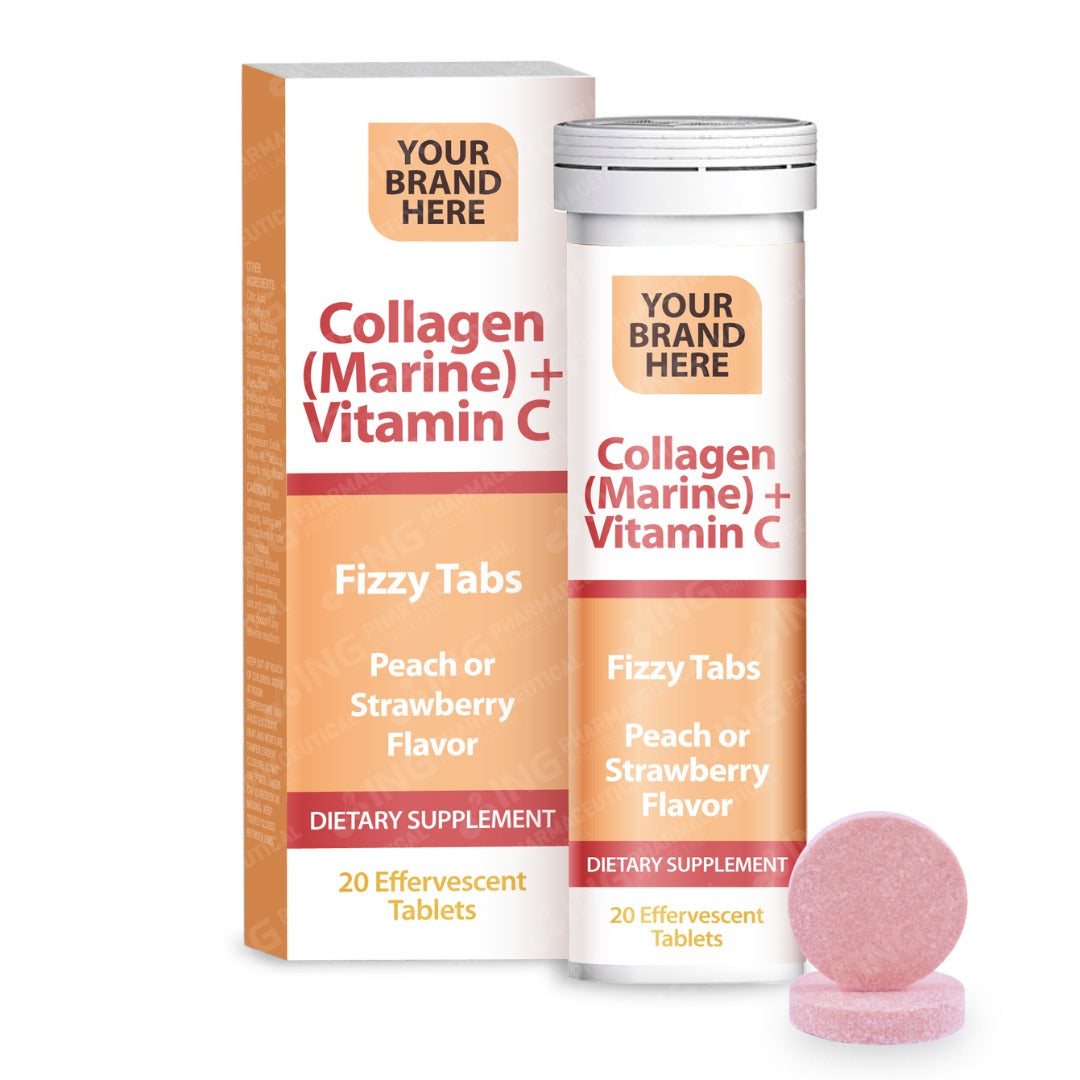 Marine Collagen + Vitamin C Effervescent Tablets Private Label | Collagen (Marine) + Vitamin C - Peach or Strawberry Flavor - Hair, Skin & Nails Support | Private Label Fizzy Tablets Manufacturer