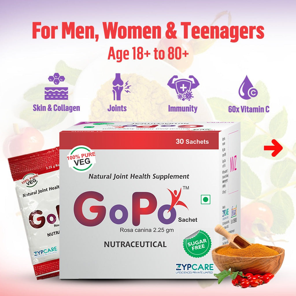 GoPoTM Rosehip Veg Collagen Powder Supplement | Rich in Vitamin C, Calcium, Magnesium and Antioxidants | Supports Joint Health, Immunity, Healthy Skin, Collagen Formation | 100% Veg; Sugar Free | 30Sachets x 2.25g