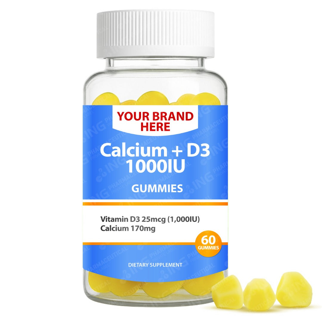 Calcium + Vitamin D3 Gummies Private Label (PECTIN) | Calcium 170mg + D3 1000IU | Private Label Gummy Manufacturer | LOW MOQ FORMULA