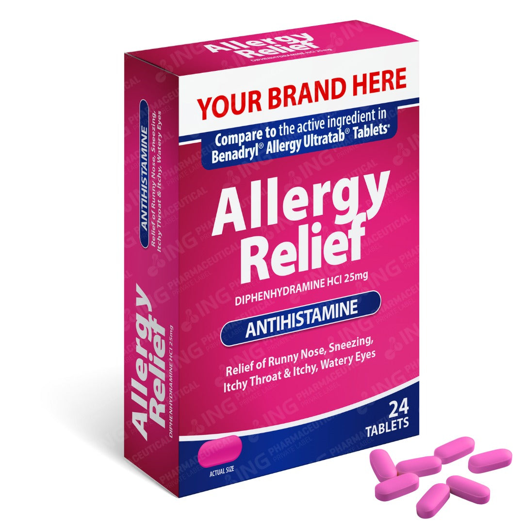ALLERGY RELIEF - Diphenhydramine Hcl USP 25 mg Tablets- Compare to Benadryl® Allergy Ultratab® Tablets - OTC Own Brand Private Label