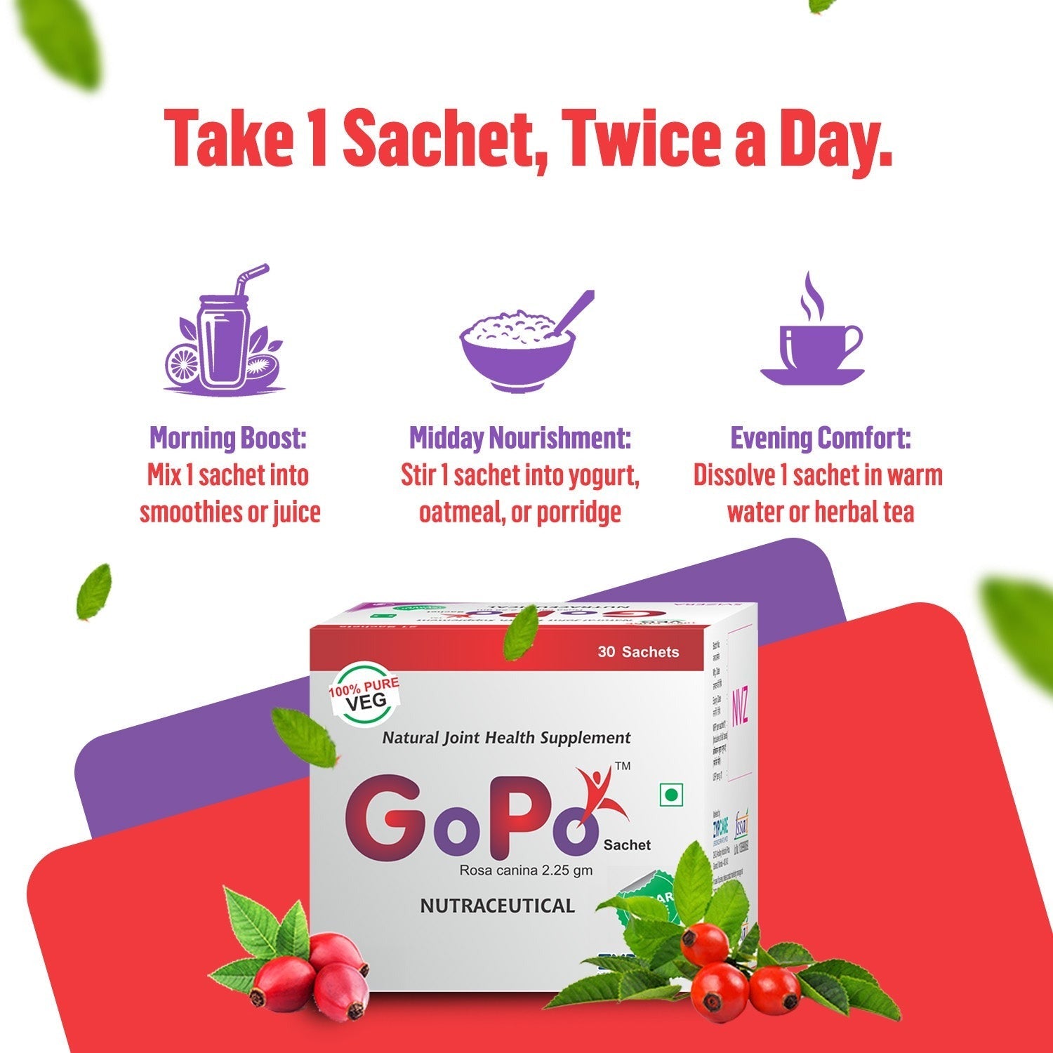 GoPoTM Rosehip Powder Veg Collagen Builder Supplement | Rich in Vitamin C, Calcium, Magnesium and Antioxidants | Supports Joint Health, Immunity, Healthy Skin, Collagen Formation | 100% Veg; Sugar Free | 30 x 2.25g Sachets