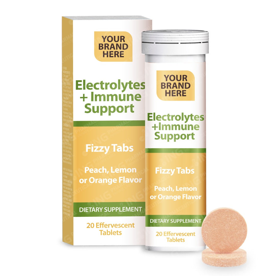 Electrolytes + Immune Support Effervescent Tablets Private Label | Vitamin C + Electrolytes - Peach, Lemon or Orange Flavor - Hydration & Immune Support | Private Label Fizzy Tablets Manufacturer