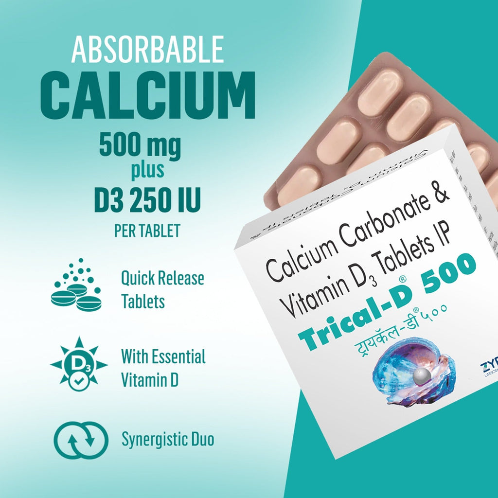Calcium & Vitamin D3 | Kids, Adults & Elderly | 500mg Calcium & 250IU Vitamin D3 | Trical D 500 15 Tablets * 4 Strips