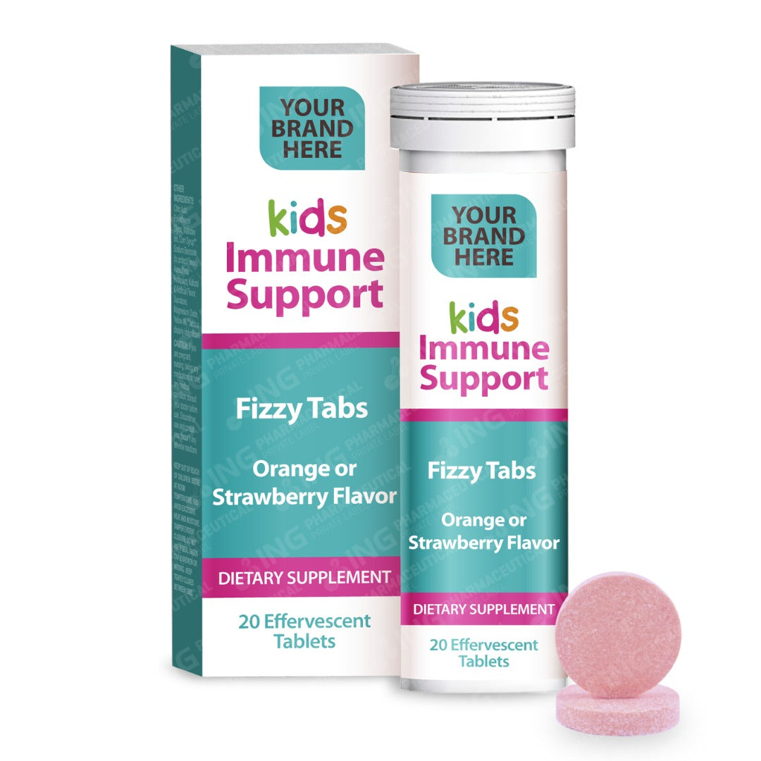 Kids Immune Support Effervescent Tablets Private Label | Vitamin C + Vitamin D + Zinc + Calcium + Iron - Strawberry or Orange Flavor - Immune Support for Children | Private Label Fizzy Tablets Manufacturer