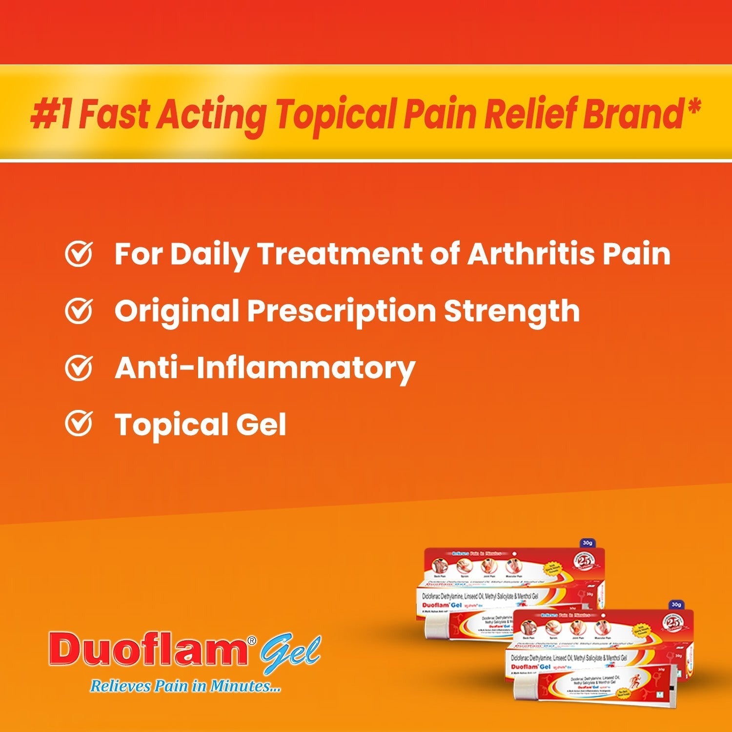 Duoflam Fast-Acting Targeted Topical Pain Relief Gel Cream | Arthritis, Muscle & Joint Pain, Inflammation in Knees, Hips, Ankles, Shoulders & Back | 30g * Pack of 2