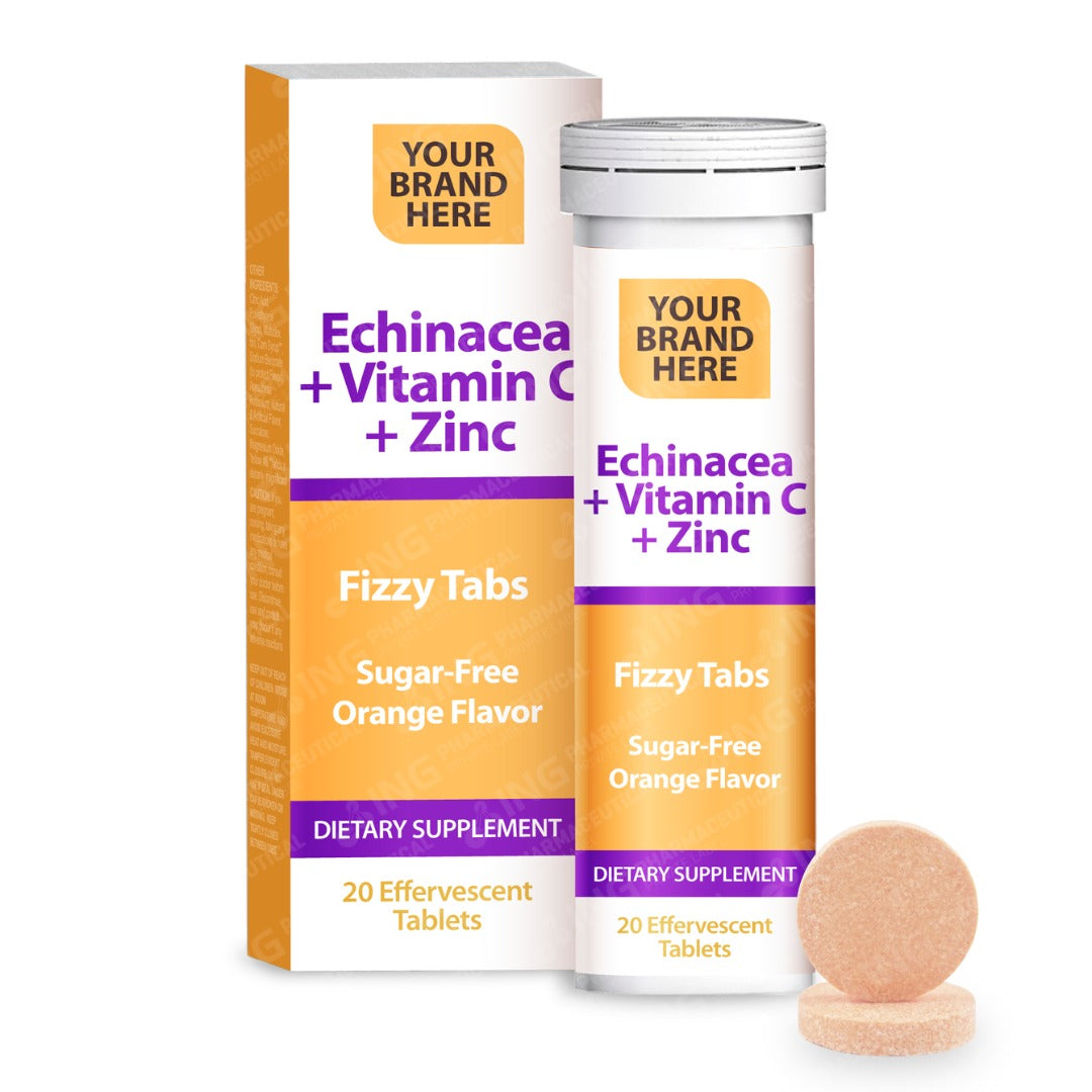 Echinacea + Vitamin C + Zinc Effervescent Tablets Private Label (SUGAR- FREE) | Echinacea Purpurea 250mg + Vitamin C 1,000mg + Zinc 10mg - Orange Flavor - Immune Support | Private Label Fizzy Tablets Manufacturer