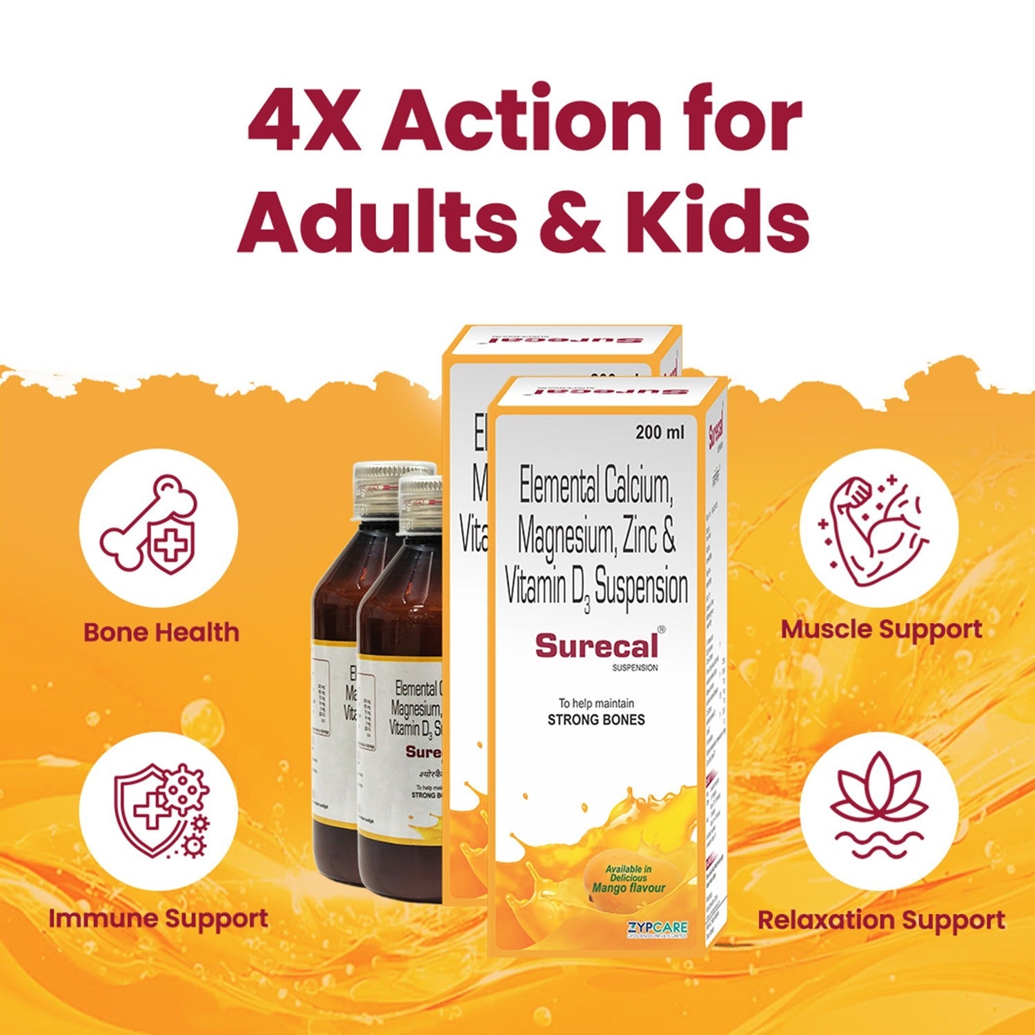 Calcium + Vit D3 + Magnesium + Zinc Supplement Syrup | Adults + Kids | Bones, Teeth, Muscles, Immunity | Mango Flavour | 200ml * 2 Packs