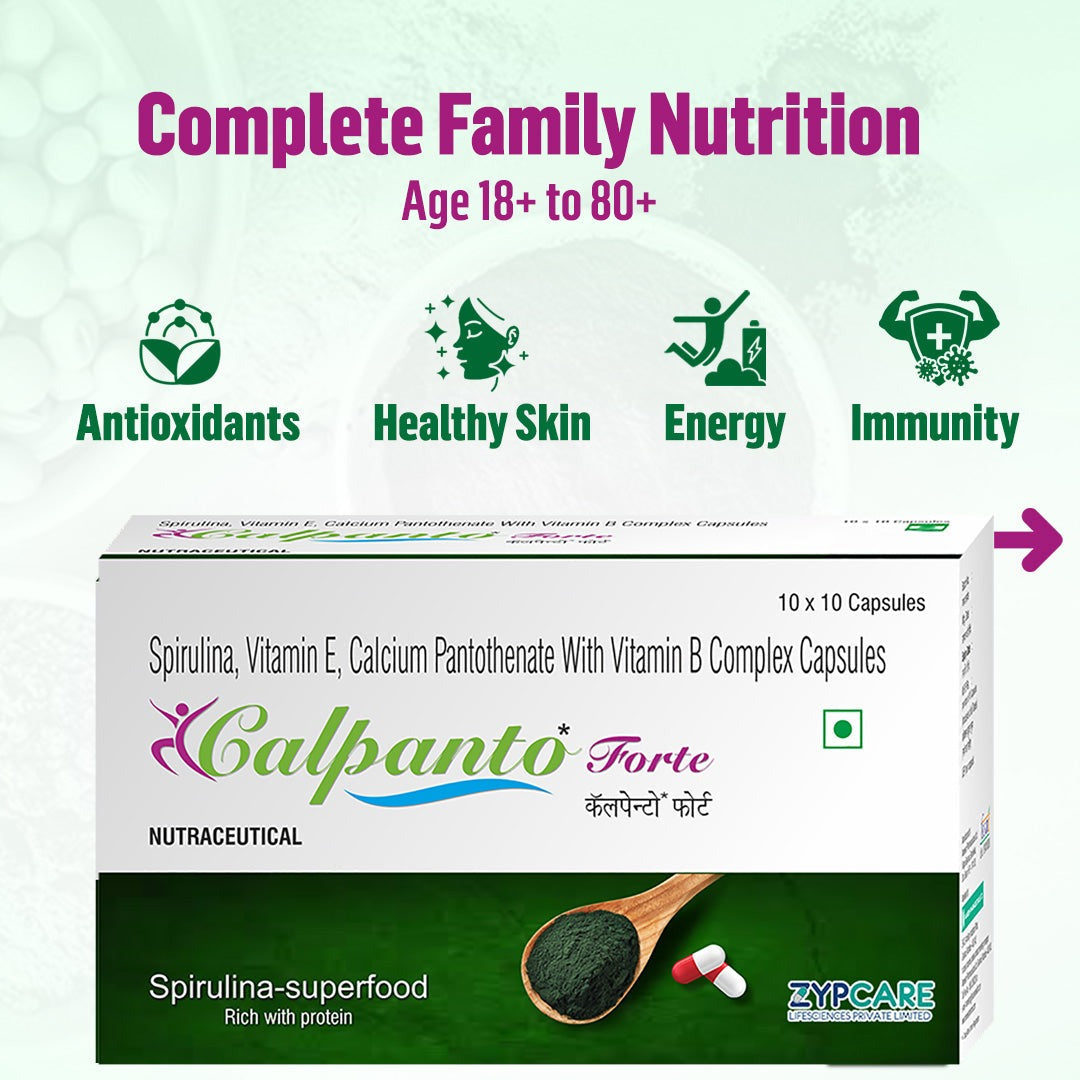 Calpanto Forte 10x10 Capsules | Multivitamin & Antioxidant Support | Spirulina, Vitamin E & B-Complex for Energy, Immunity & Healthy Skin