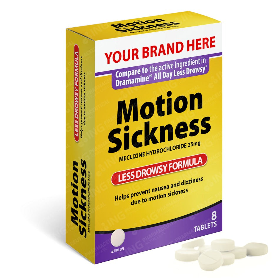 MOTION SICKNESS - Meclizine Hcl 25mg tablets - Compare to Dramamine® All Day Less Drowsy - OTC Own Brand Private Label