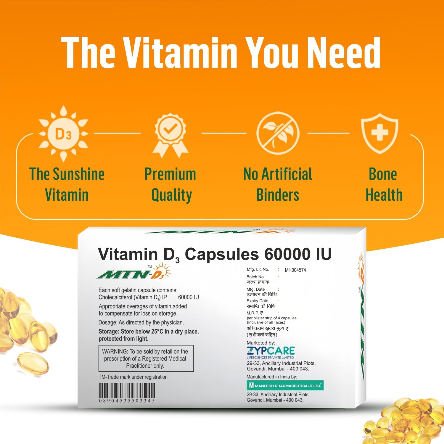 MTN D3 Vitamin D3 Supplements | Bones & Immune Health | Supplements for Women & Men | 4 Softgel Capsules {60,000 IU}