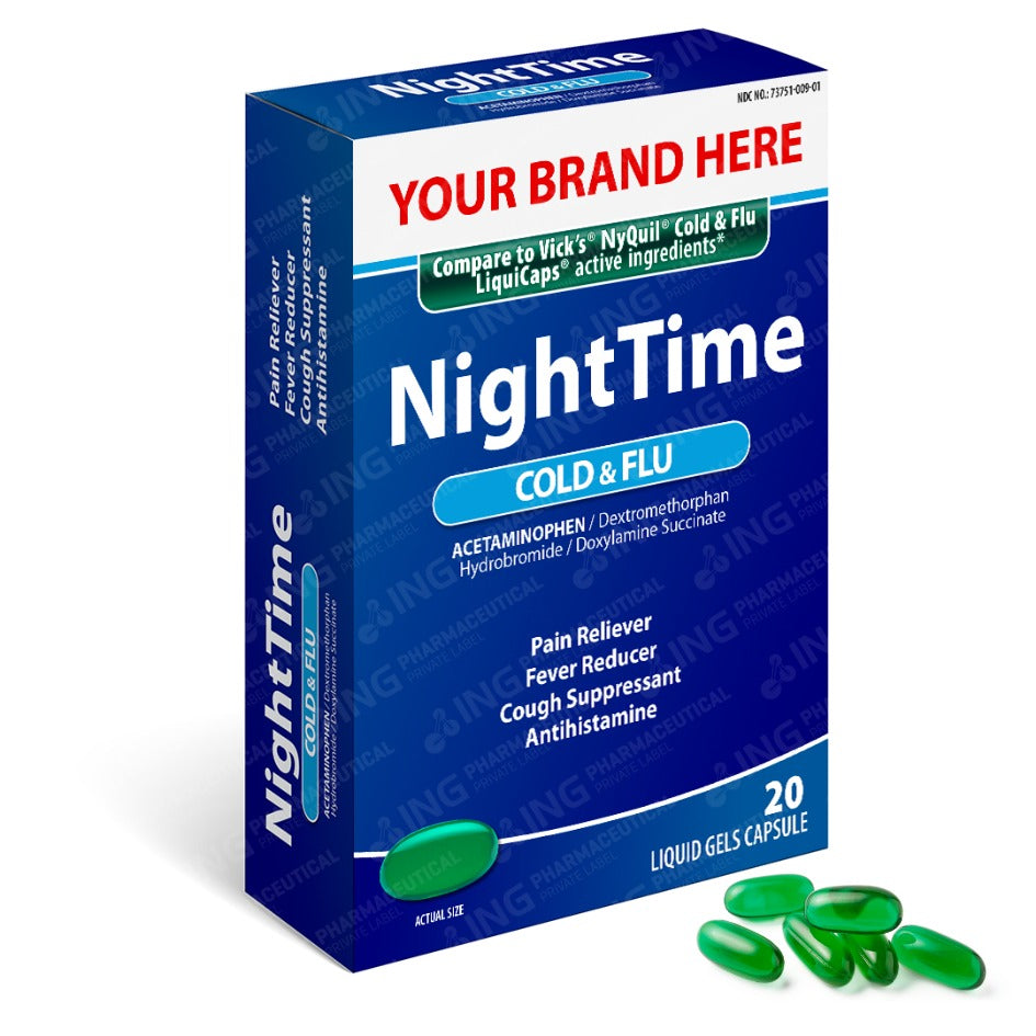 NIGHTTIME - Compare to Vick's NyQuil® Cold & Flu LiquiCaps® - OTC Own Brand Private Label