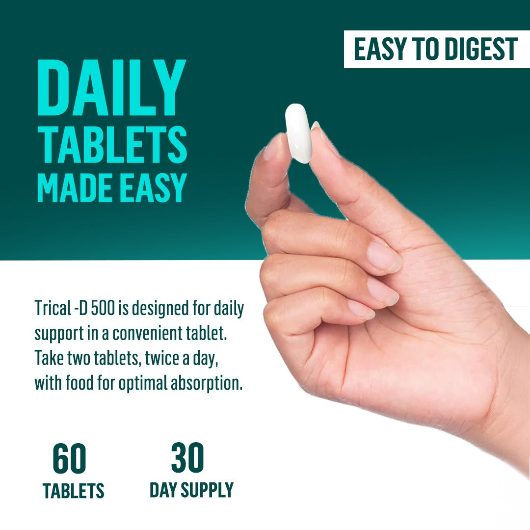 Calcium & Vitamin D3 | Kids, Adults & Elderly | 500mg Calcium & 250IU Vitamin D3 | Trical D 500 15 Tablets * 4 Strips