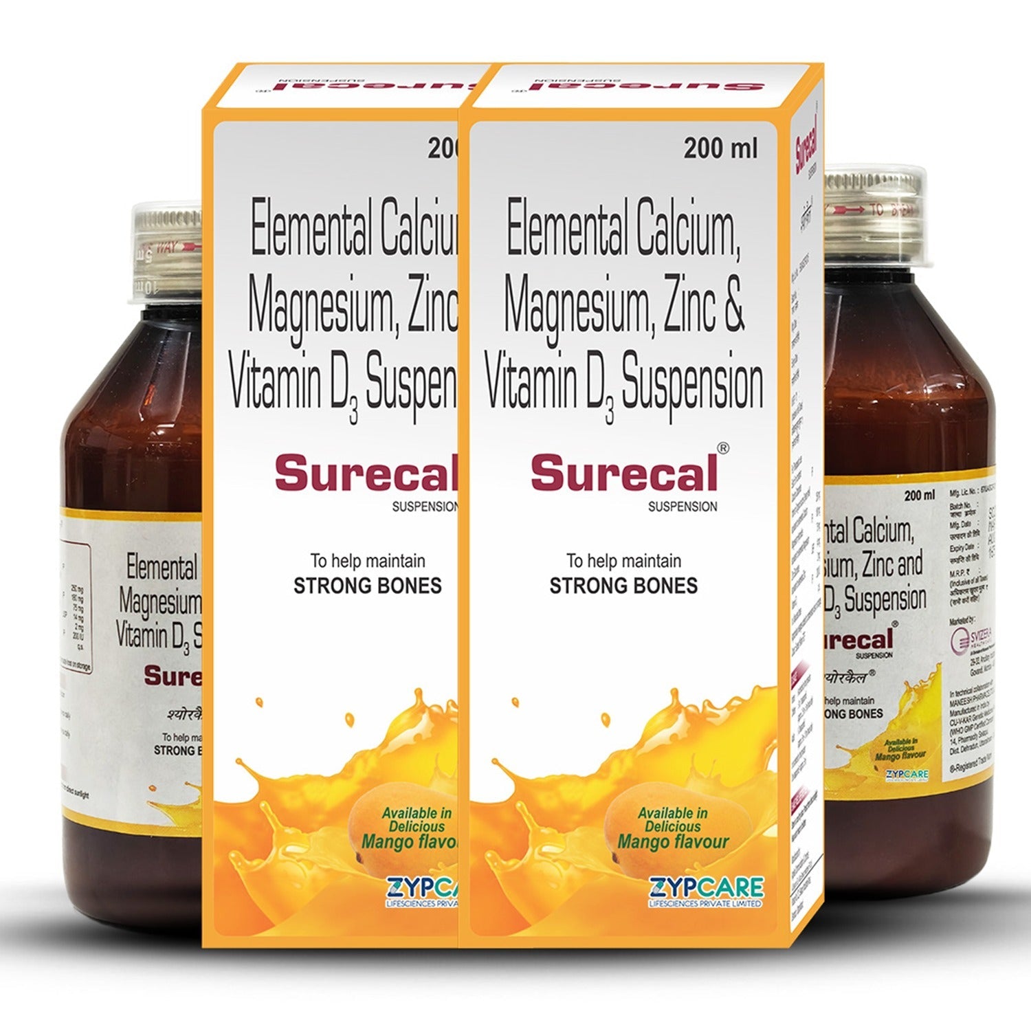 Calcium + Vit D3 + Magnesium + Zinc Supplement Syrup | Adults + Kids | Bones, Teeth, Muscles, Immunity | Mango Flavour | 200ml * 2 Packs