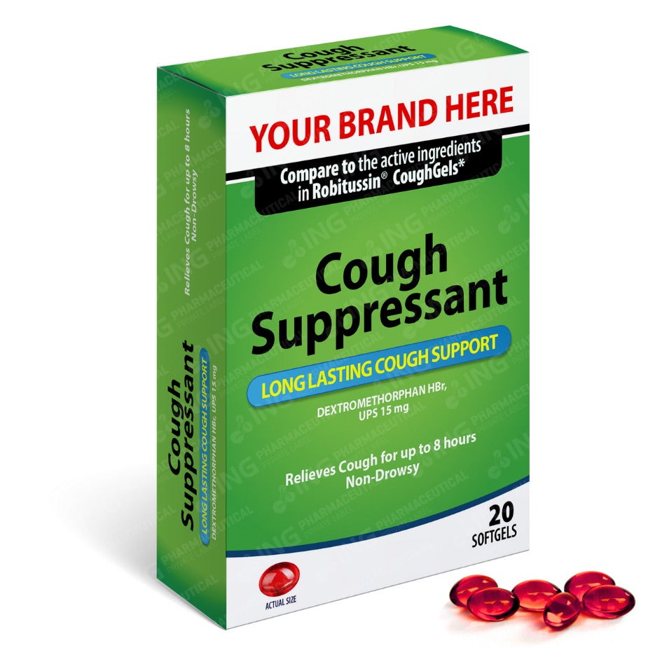 COUGH RELIEF - Dextromethorphan Hbr 15mg Softgels - Compare to Robitussin® CoughGels - OTC Own Brand Private Label