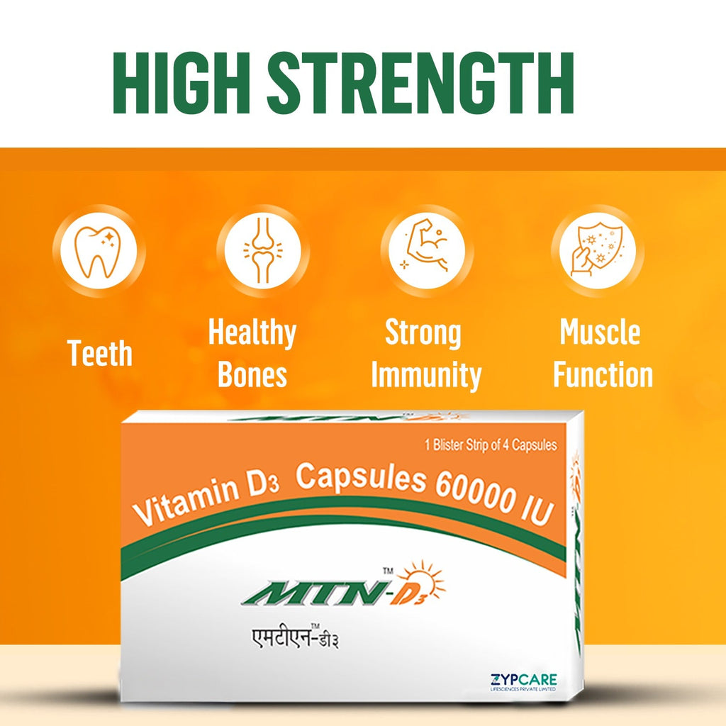 MTN D3 Vitamin D3 Supplements | Bones & Immune Health | Supplements for Women & Men | 4 Softgel Capsules {60,000 IU}