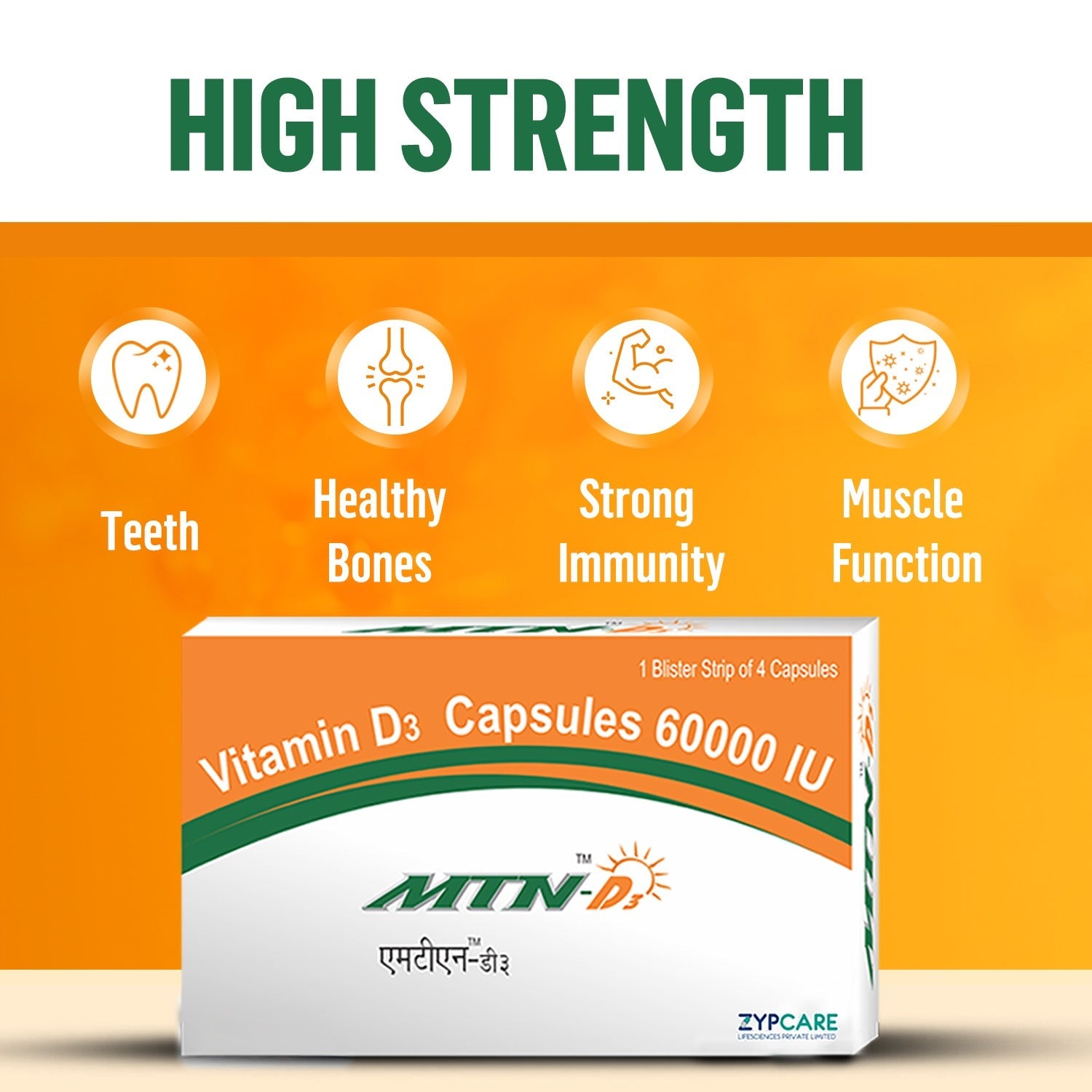 MTN D3 Vitamin D3 Supplements | Bones & Immune Health | Supplements for Women & Men | 4 Softgel Capsules {60,000 IU}