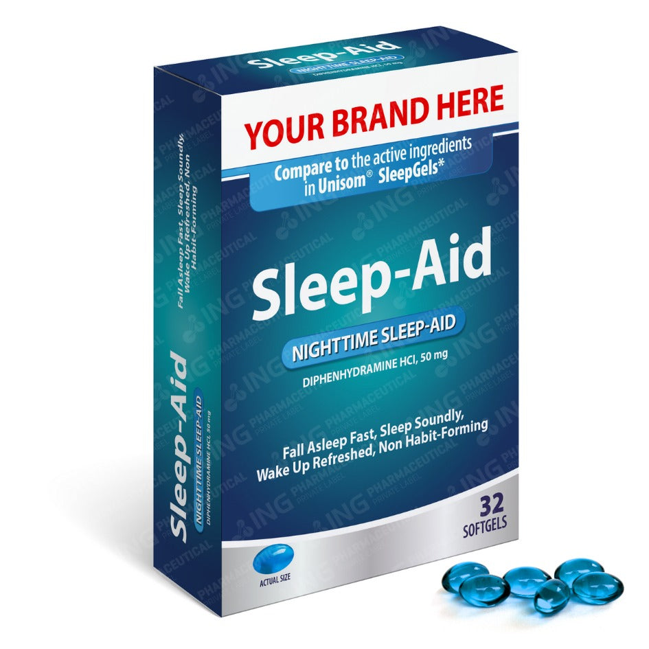 SLEEP AID - Diphenhydramine Hcl USP 50 mg Softgels- Compare to Unisom® SleepGels - OTC Own Brand Private Label