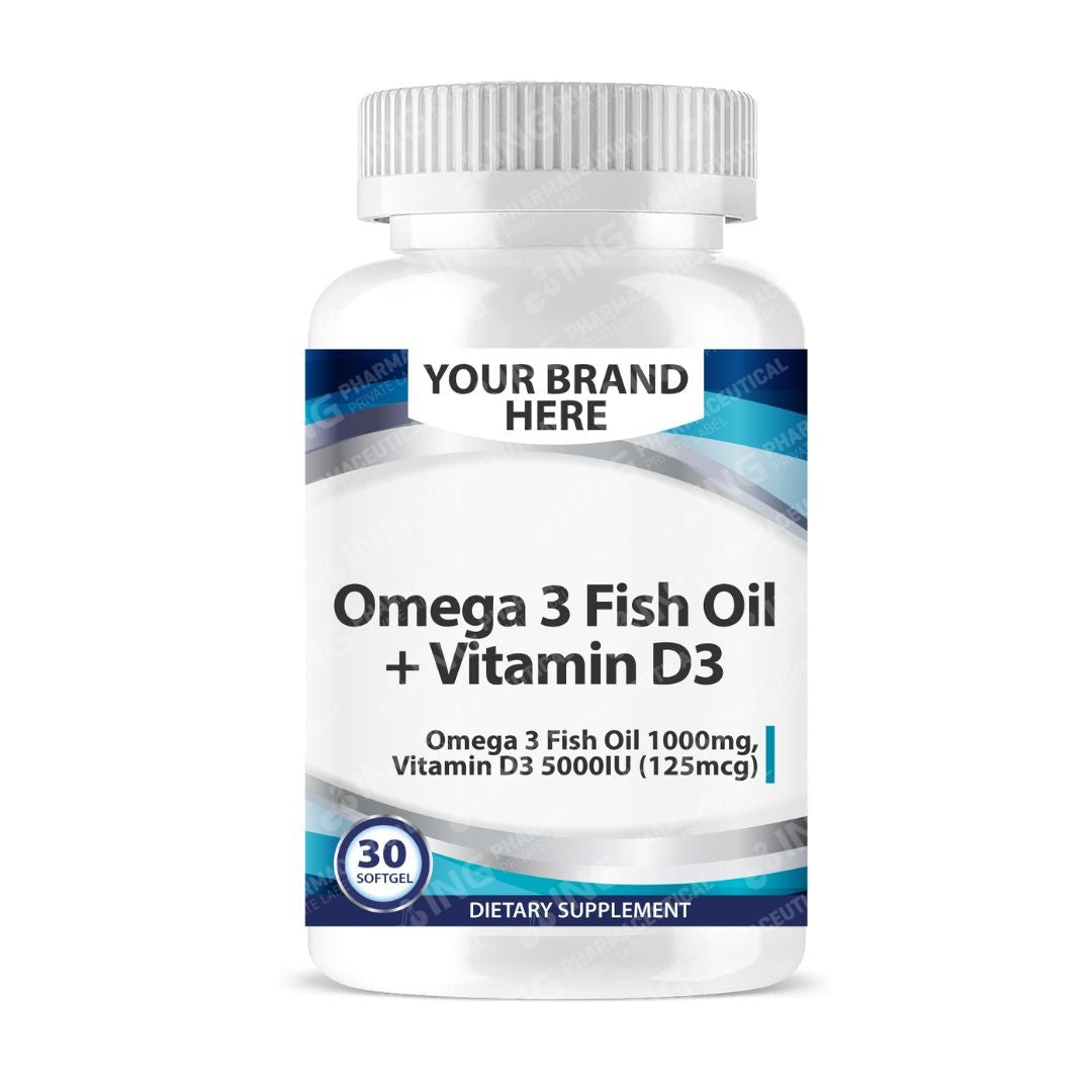 Omega 3 Fish oil + Vitamin D3 Softgels White Label | Omega3 Fish oil TG Form 1000mg (350 EPA, 250 DHA) + Vit D 3 5000 IU - Private Label Softgels Manufacturer