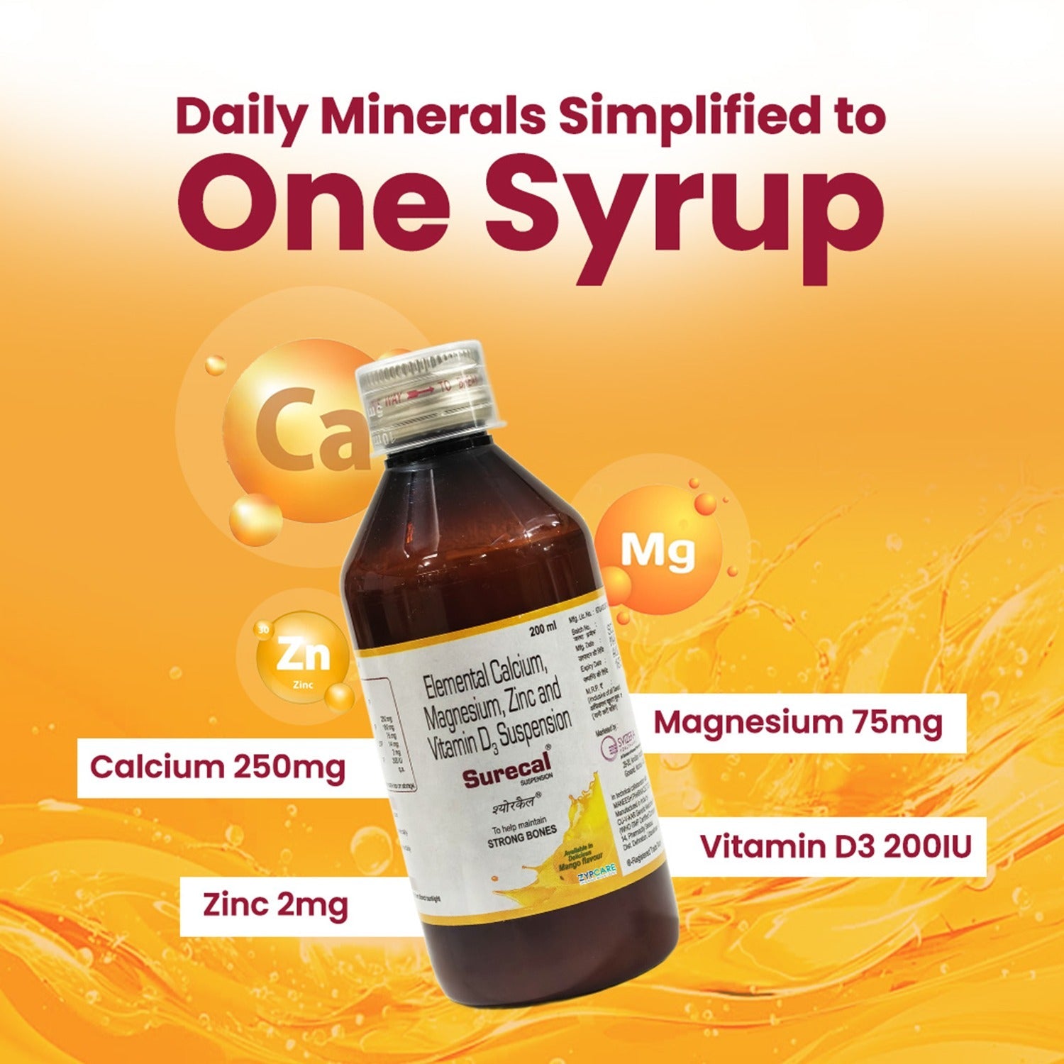 Calcium + Vit D3 + Magnesium + Zinc Supplement Syrup | Adults + Kids | Bones, Teeth, Muscles, Immunity | Mango Flavour | 200ml * 2 Packs