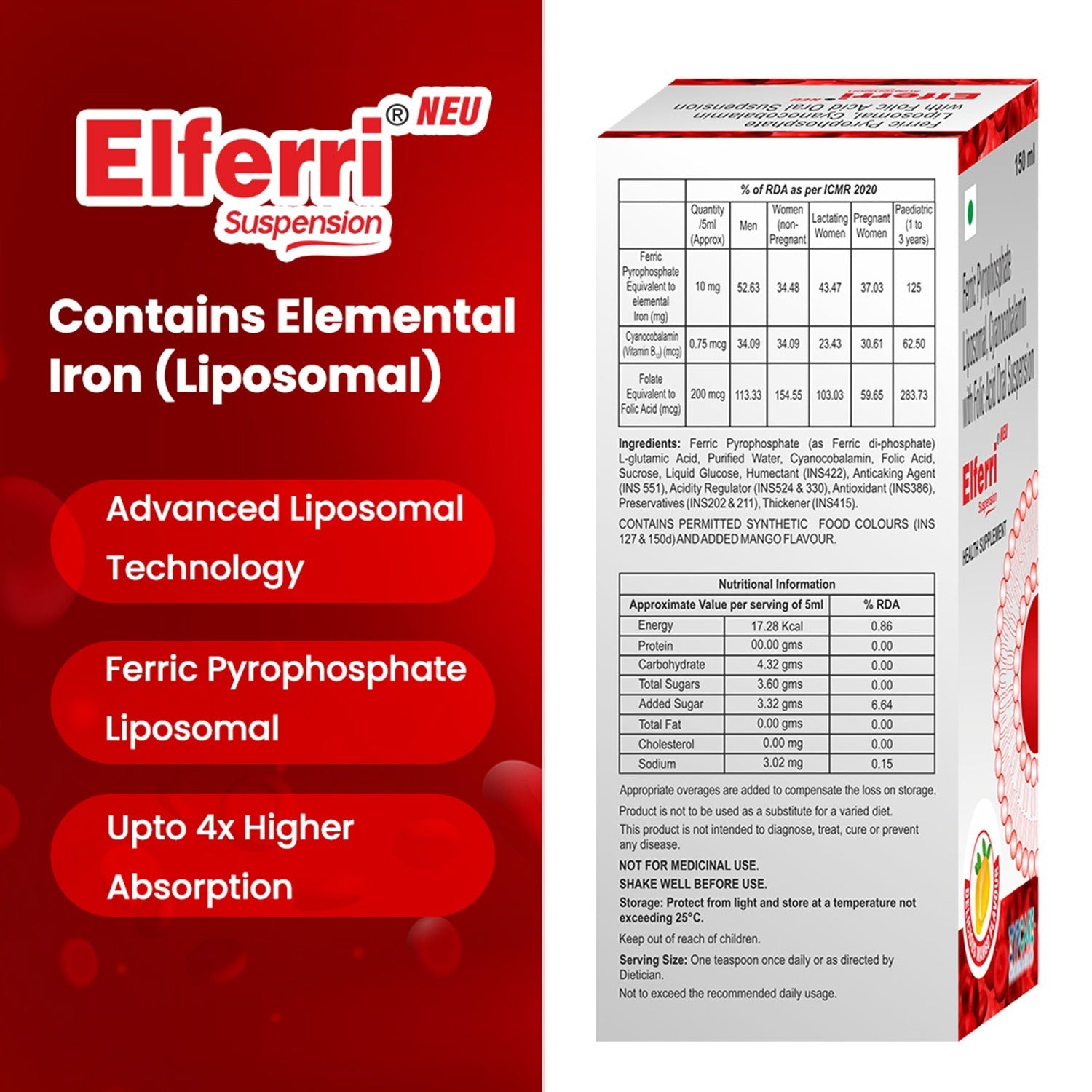 Elferri® Liposomal Iron Supplement Tablet & Syrup | Vitamin C, B9, B12, Zinc | 4x Absorption & Stomach-Friendly | Women, Men and Teenagers