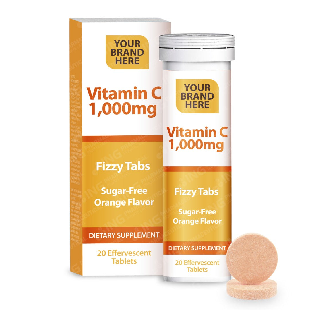 Vitamin C 1,000mg Effervescent Tablets Private Label (SUGAR- FREE) | Vitamin C 1,000mg - Orange Flavor - Immune Support | Private Label Fizzy Tablets Manufacturer