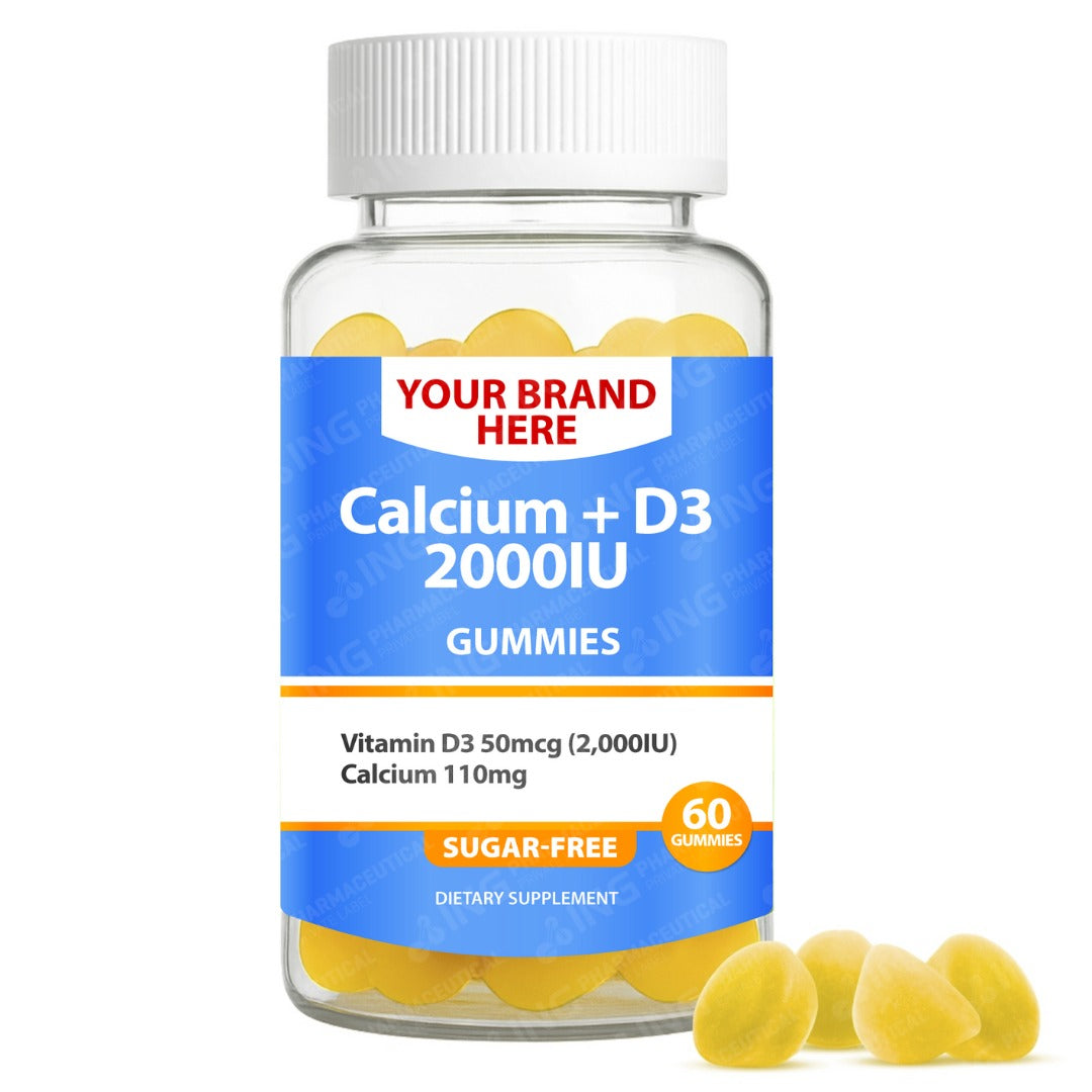 Calcium + Vitamin D3 (Sugar-Free) Gummies Private Label (PECTIN) | Calcium 110mg + D3 2000IU | Private Label Gummy Manufacturer | LOW MOQ FORMULA