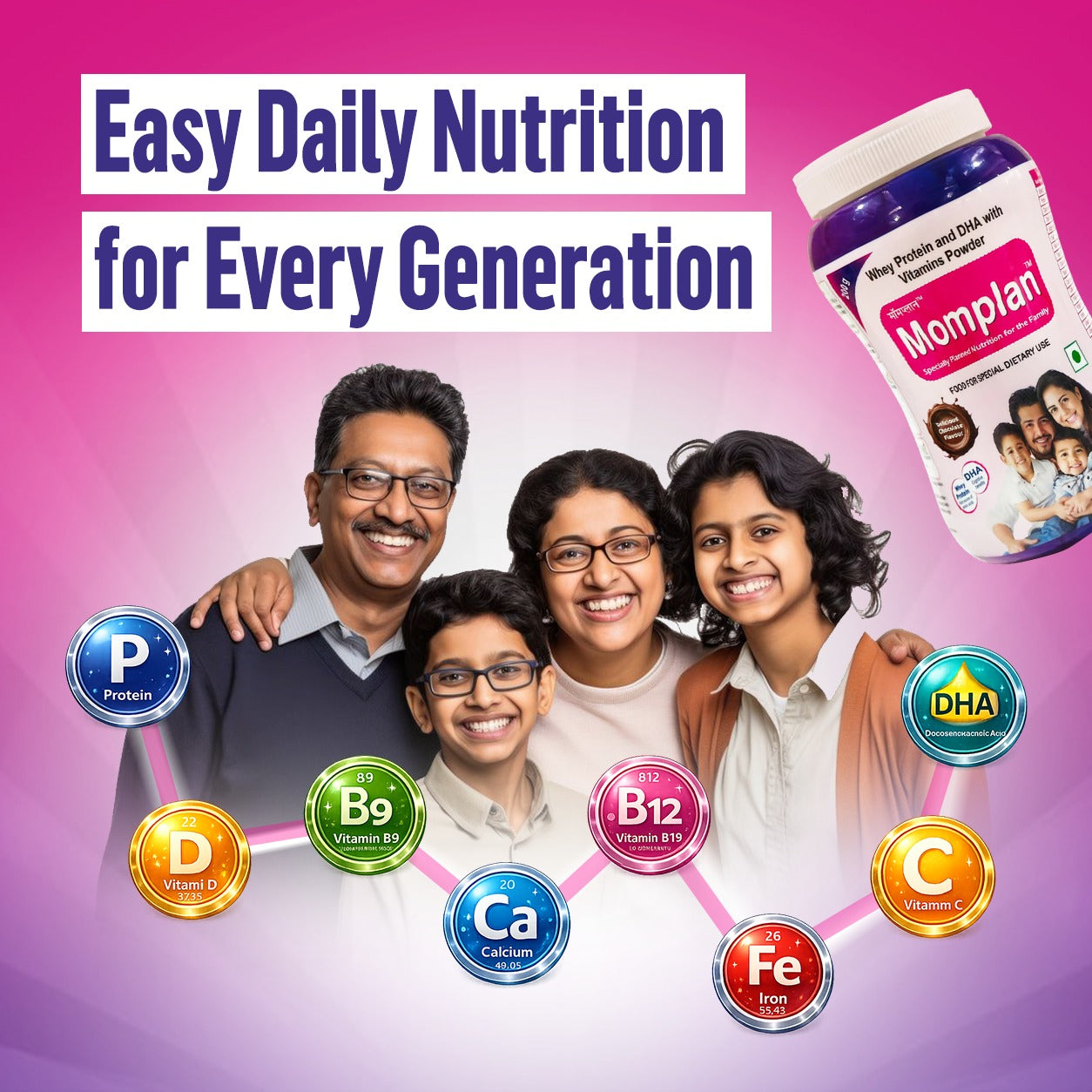 Momplan Family Whey Protein Nutrition Powder | Kids, Adults, Senior Citizen | with Calcium, DHA, Vit.C/D/B9/B12, Iron